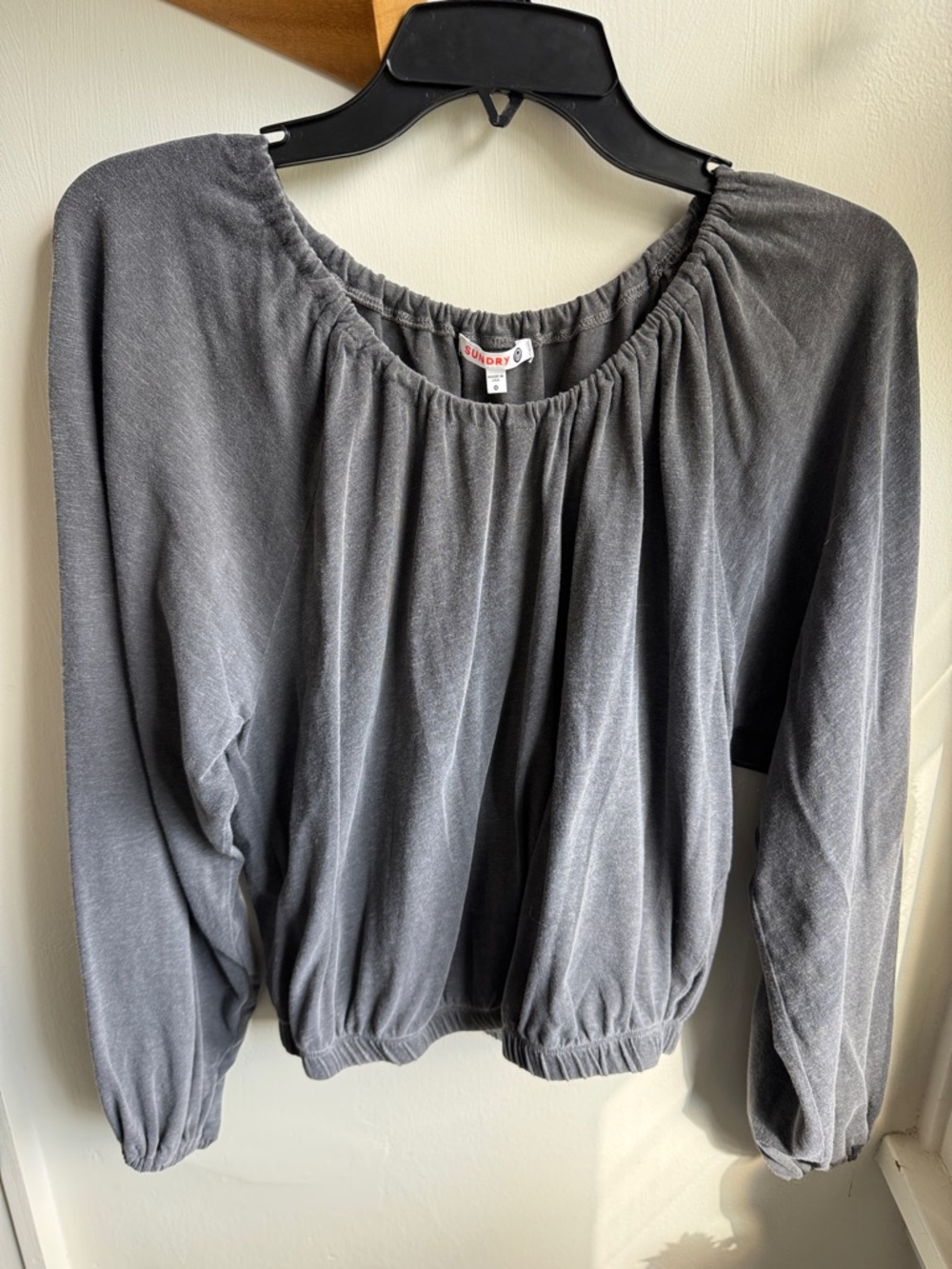 Sunday Washed Gray Gathered Neck Pullover Sweatshirt